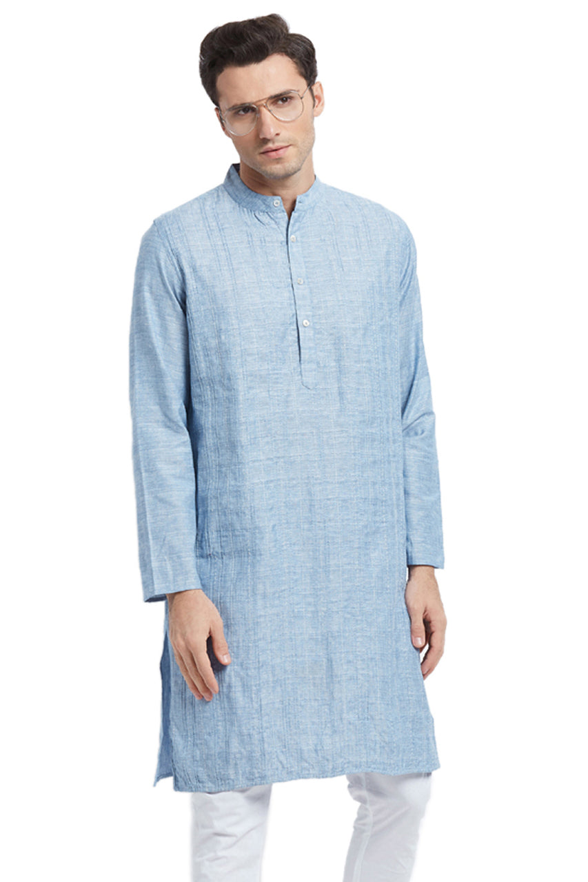 Men's light blue textured cotton blend knee-length kurta, front view.