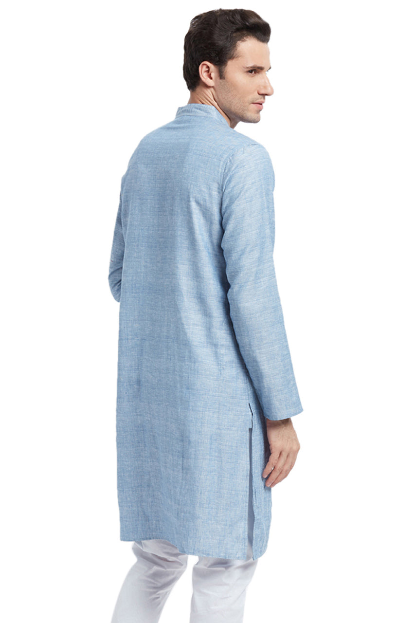 Men's light blue textured cotton blend knee-length kurta, side view.