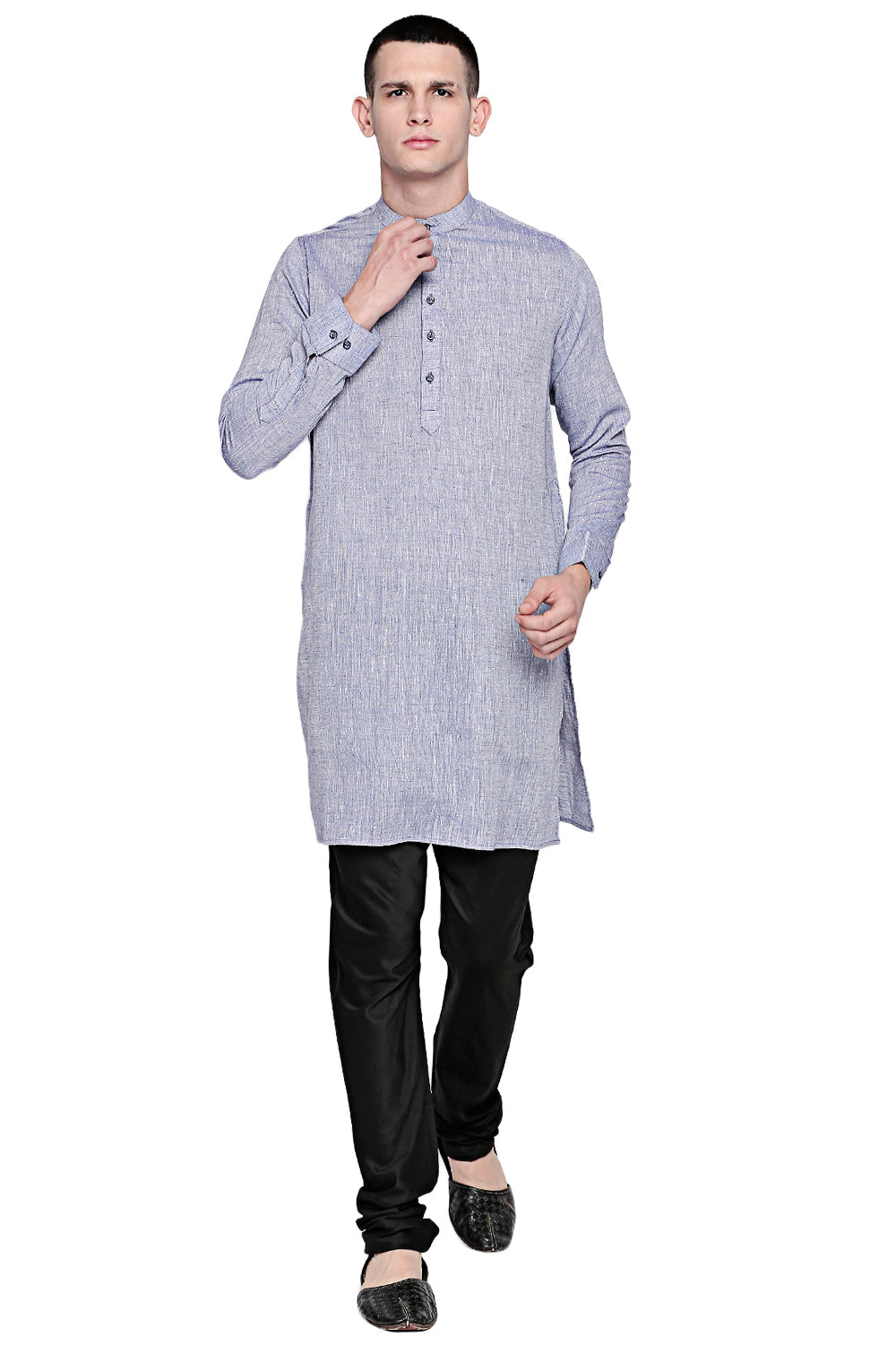 Men's light blue textured linen knee-length kurta, alternate front view.