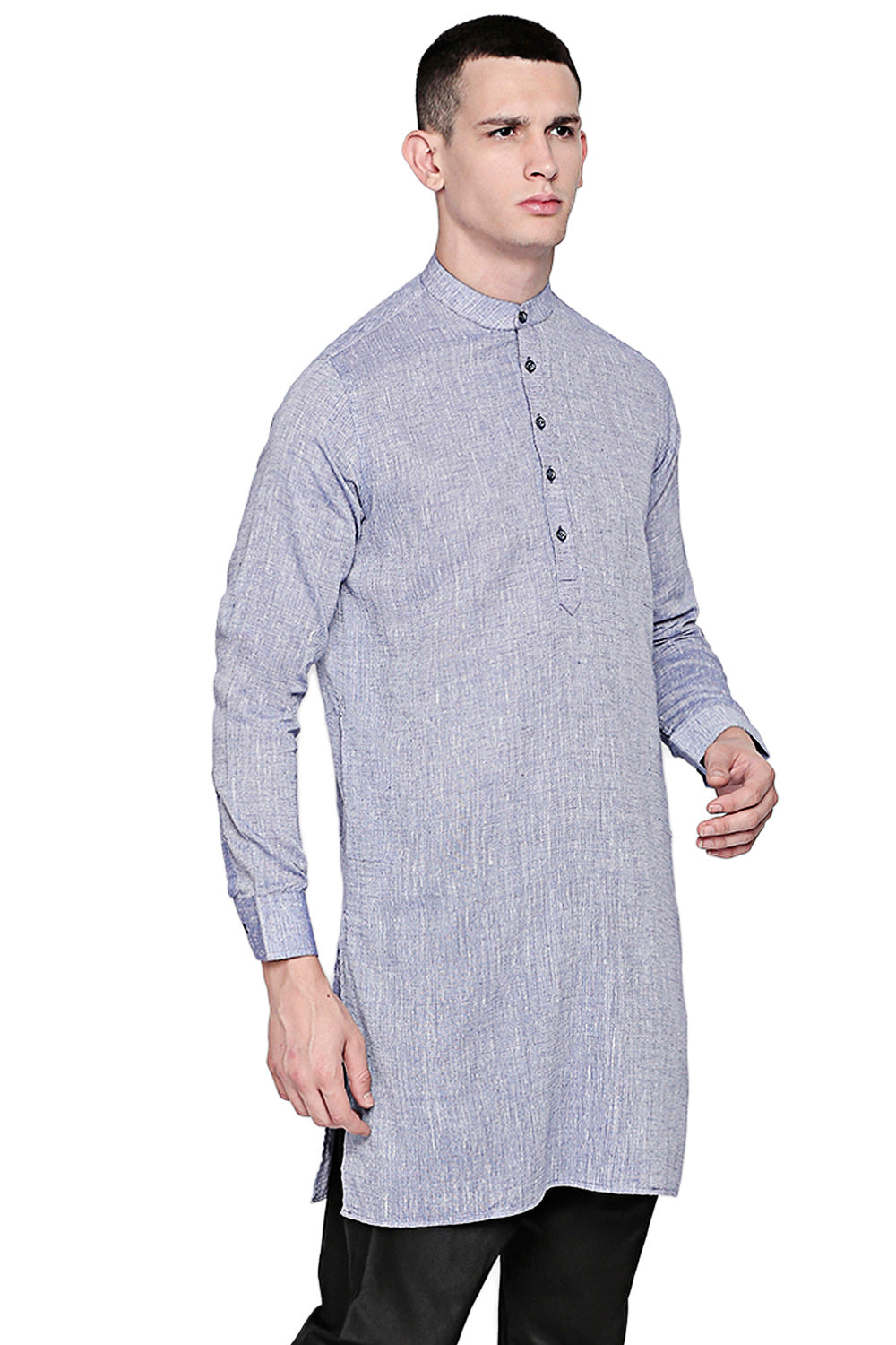 Men's light blue textured linen knee-length kurta, alternate side view.