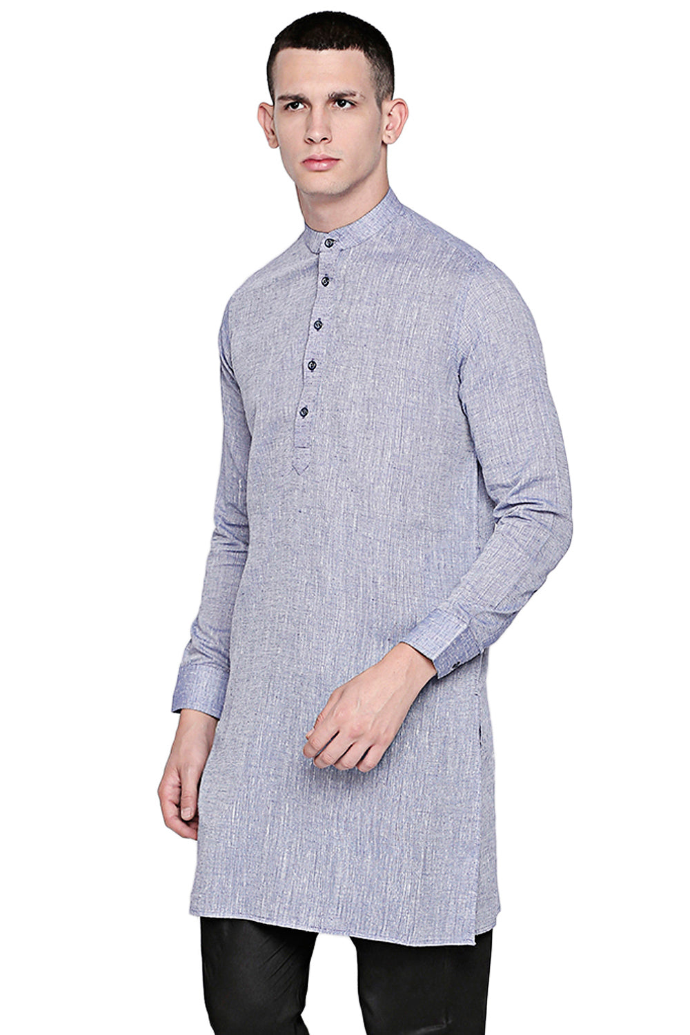 Men's light blue textured linen knee-length kurta, back view.