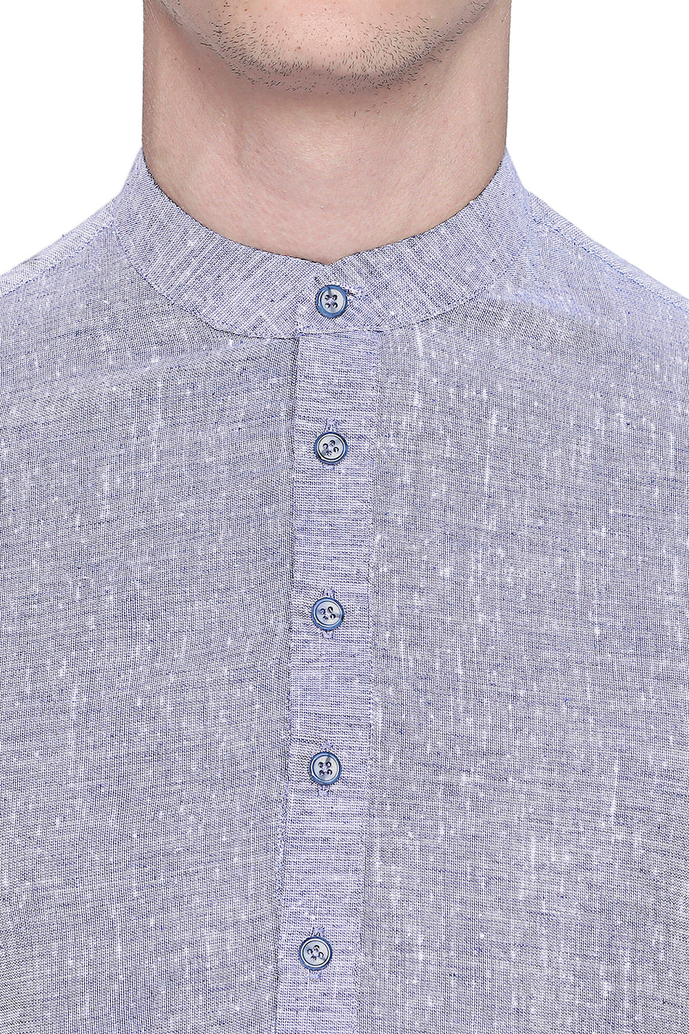 Men's light blue textured linen knee-length kurta, close-up detail.