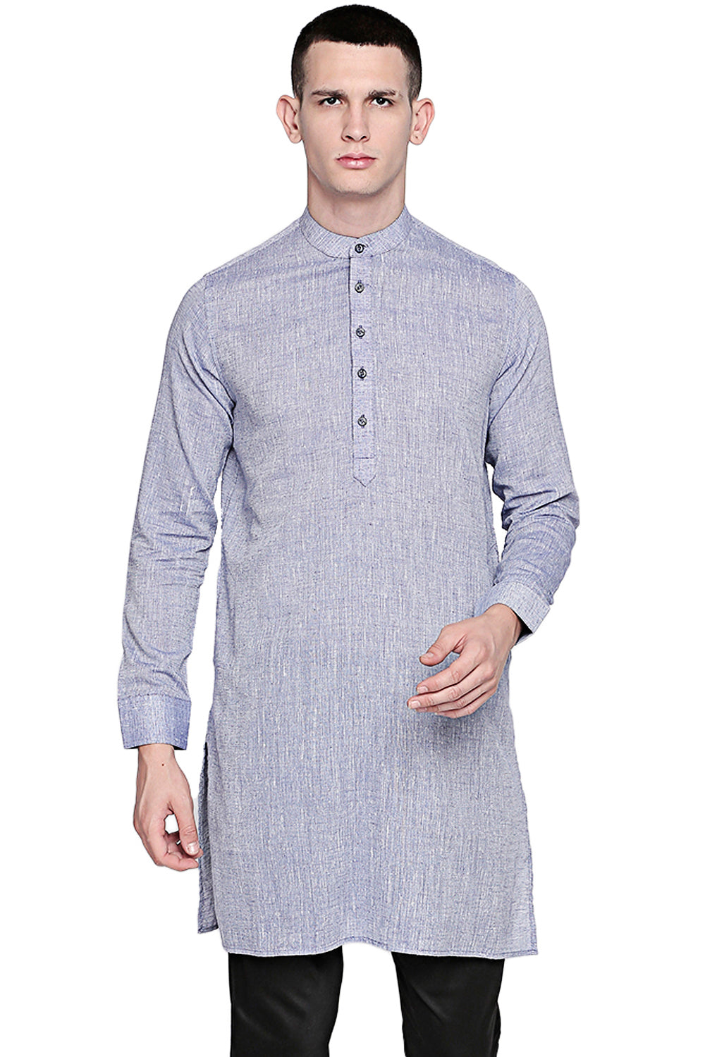 Men's light blue textured linen knee-length kurta, front view.