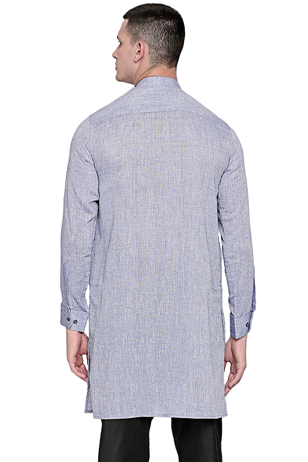 Men's light blue textured linen knee-length kurta, side view.