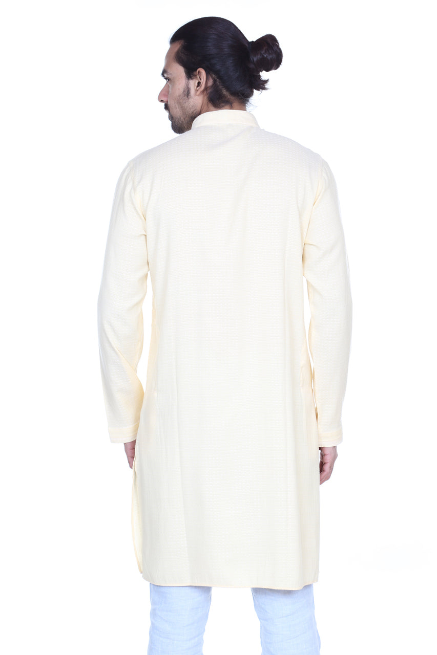 Men's light yellow printed denim knee-length kurta, alternate front view.