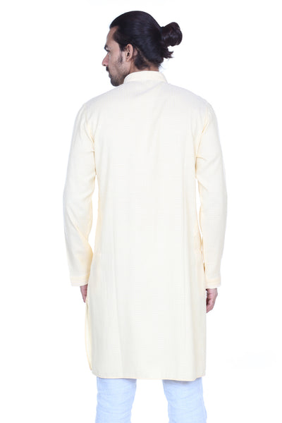 Men's light yellow printed denim knee-length kurta, alternate front view.
