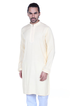 Men's light yellow printed denim knee-length kurta, front view.