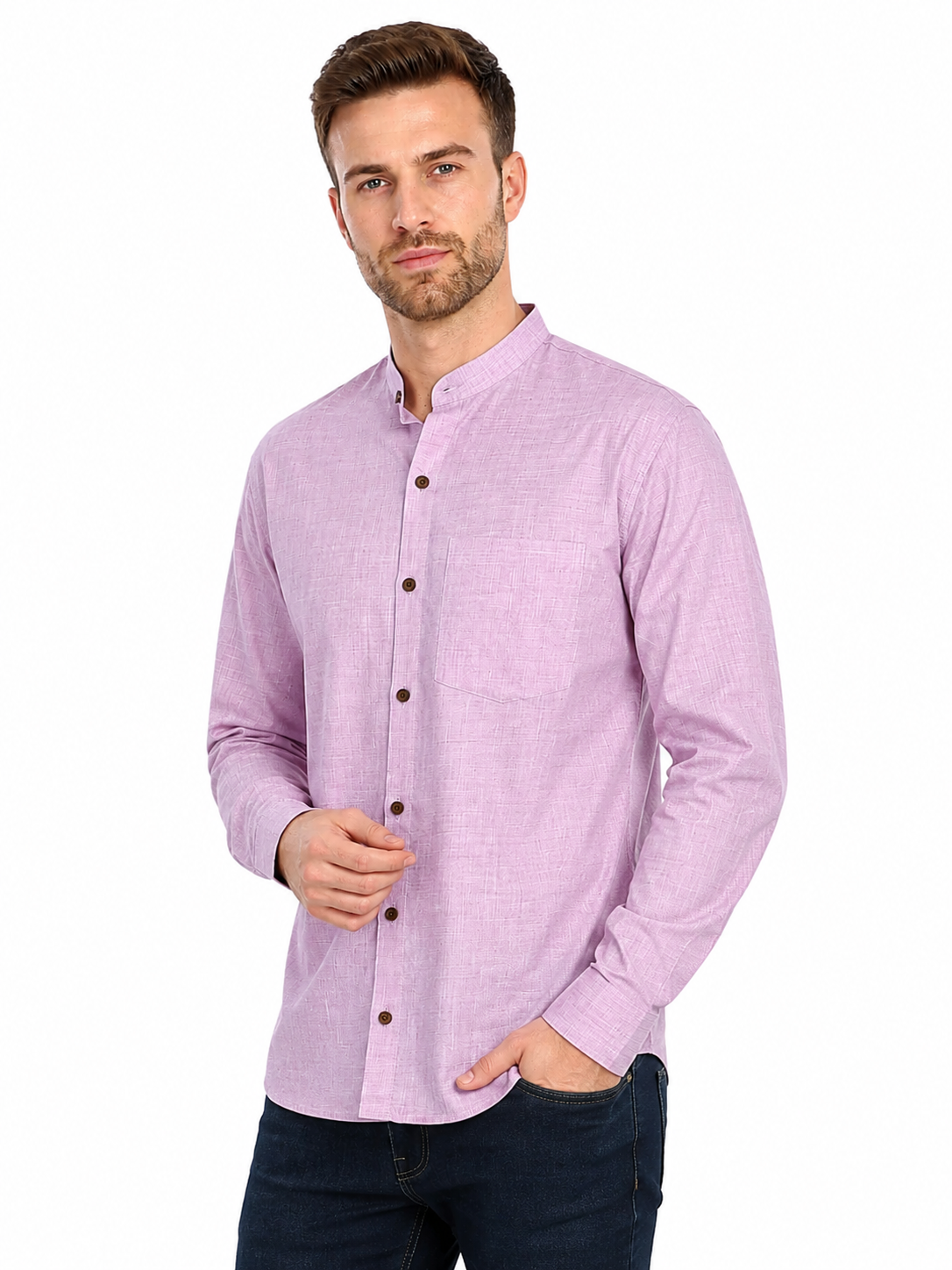 Back view of In-Sattva men's lilac cotton hip-length button-down shirt