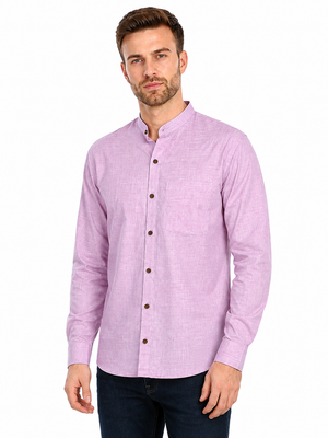 Front view of In-Sattva men's lilac cotton hip-length button-down shirt