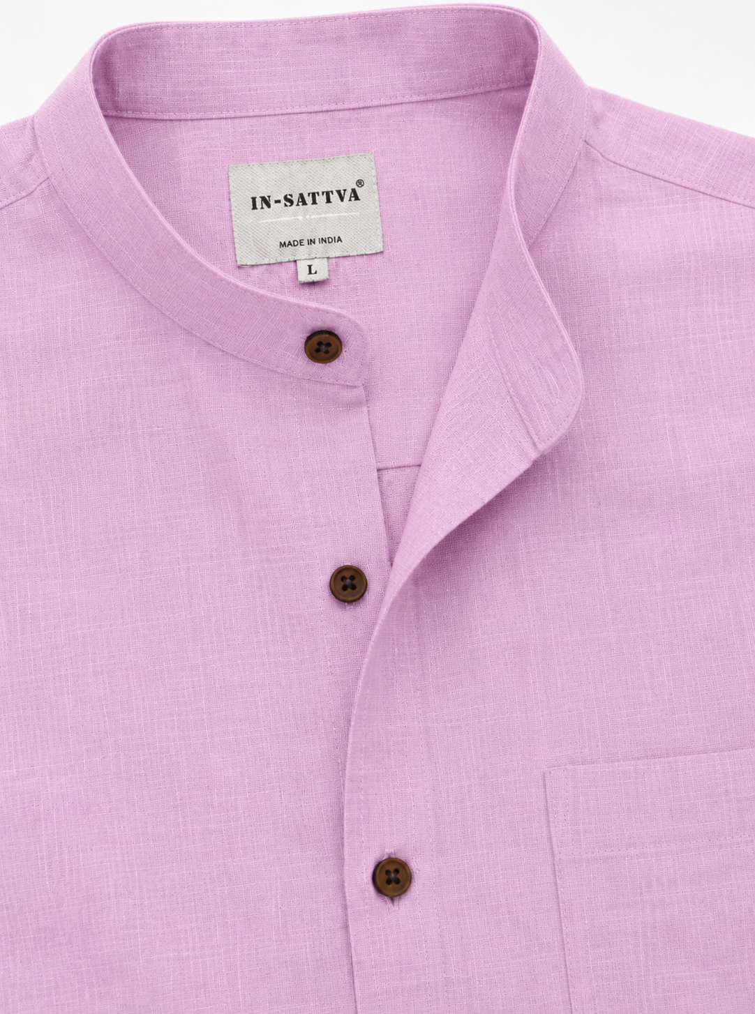 Lifestyle view of In-Sattva men's lilac cotton hip-length button-down shirt