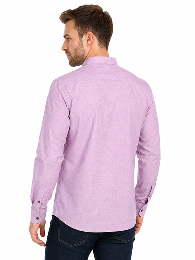 Side view of In-Sattva men's lilac cotton hip-length button-down shirt