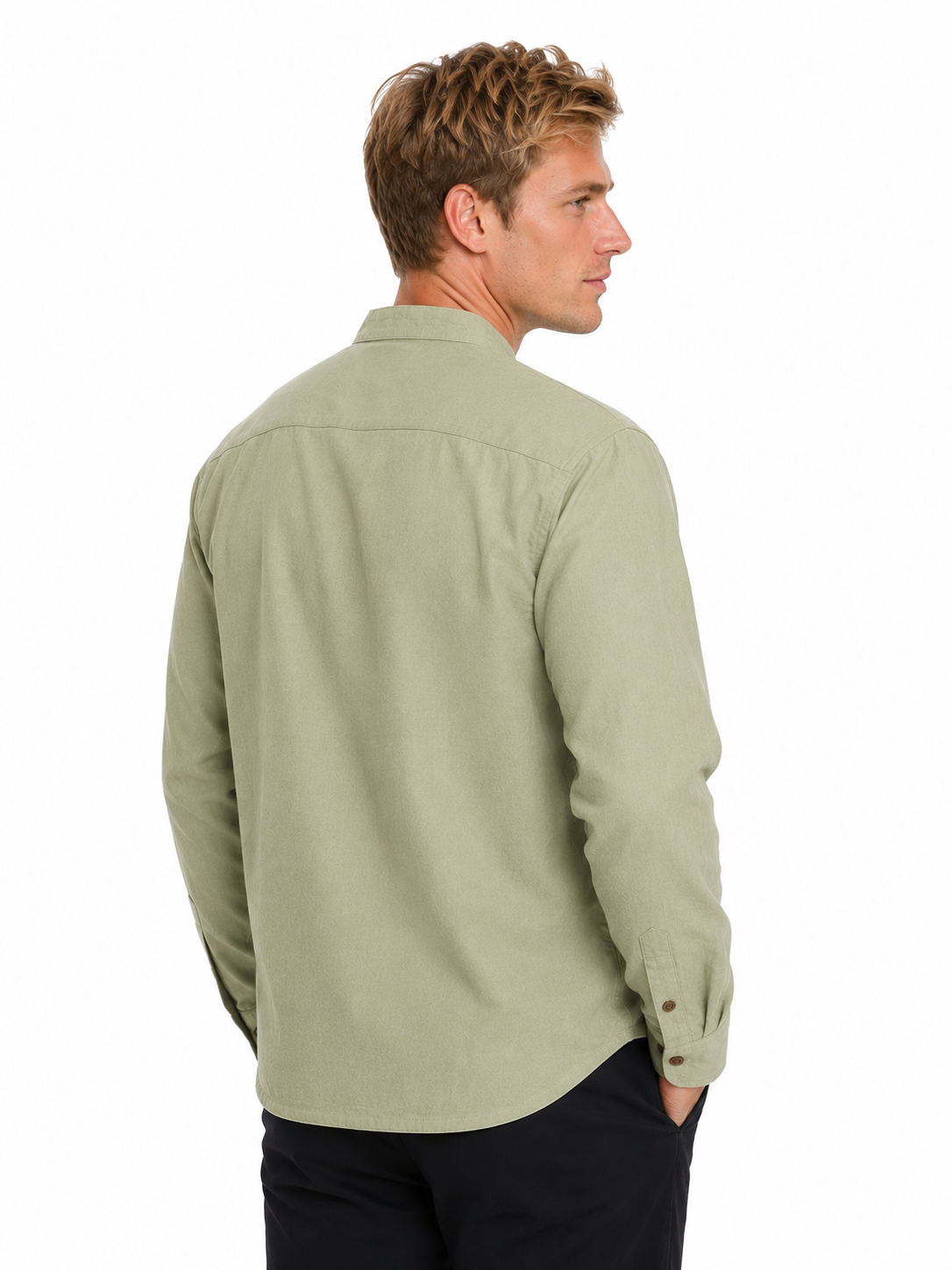 Back view of In-Sattva men's lime green double-breasted hip-length kurta tunic