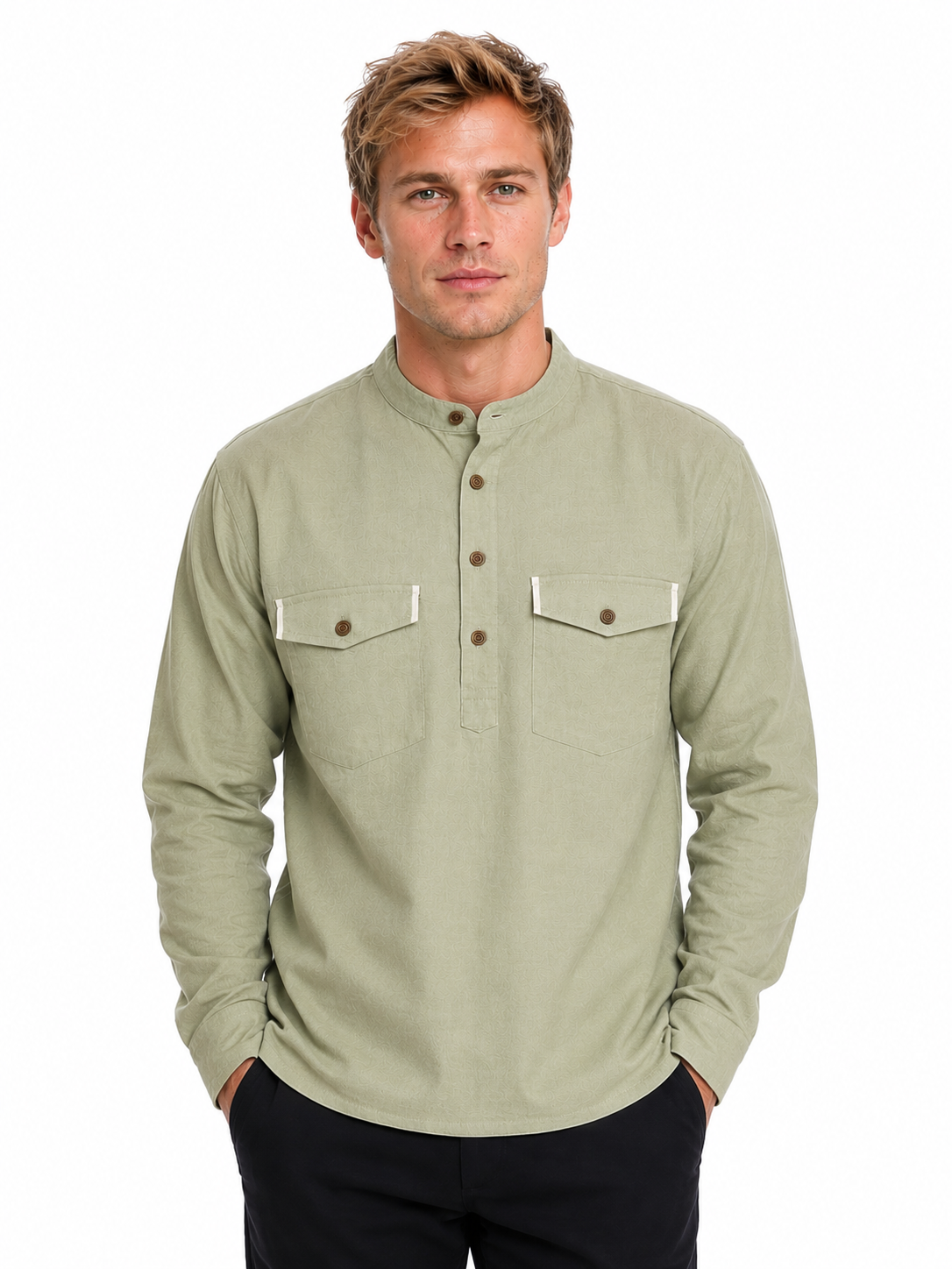 Front view of In-Sattva men's lime green double-breasted hip-length kurta tunic