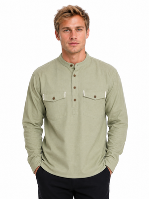Front view of In-Sattva men's lime green double-breasted hip-length kurta tunic