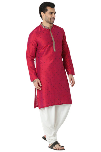 Men's magenta embroidered rayon knee-length kurta, alternate front view.