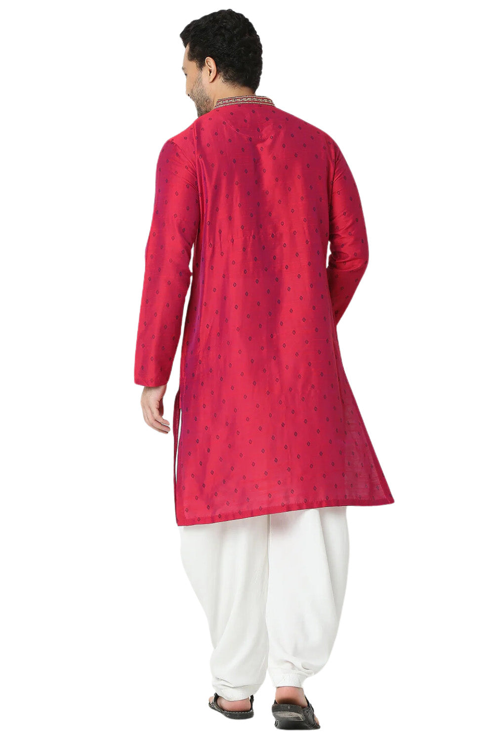 Men's magenta embroidered rayon knee-length kurta, alternate side view.