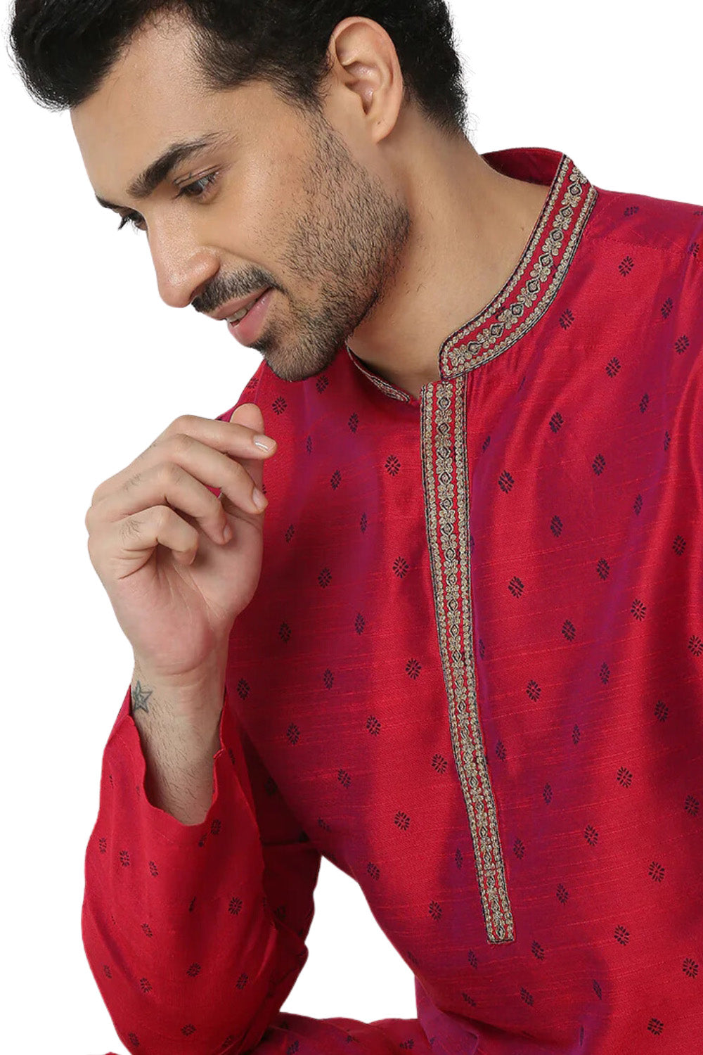 Men's magenta embroidered rayon knee-length kurta, back view.