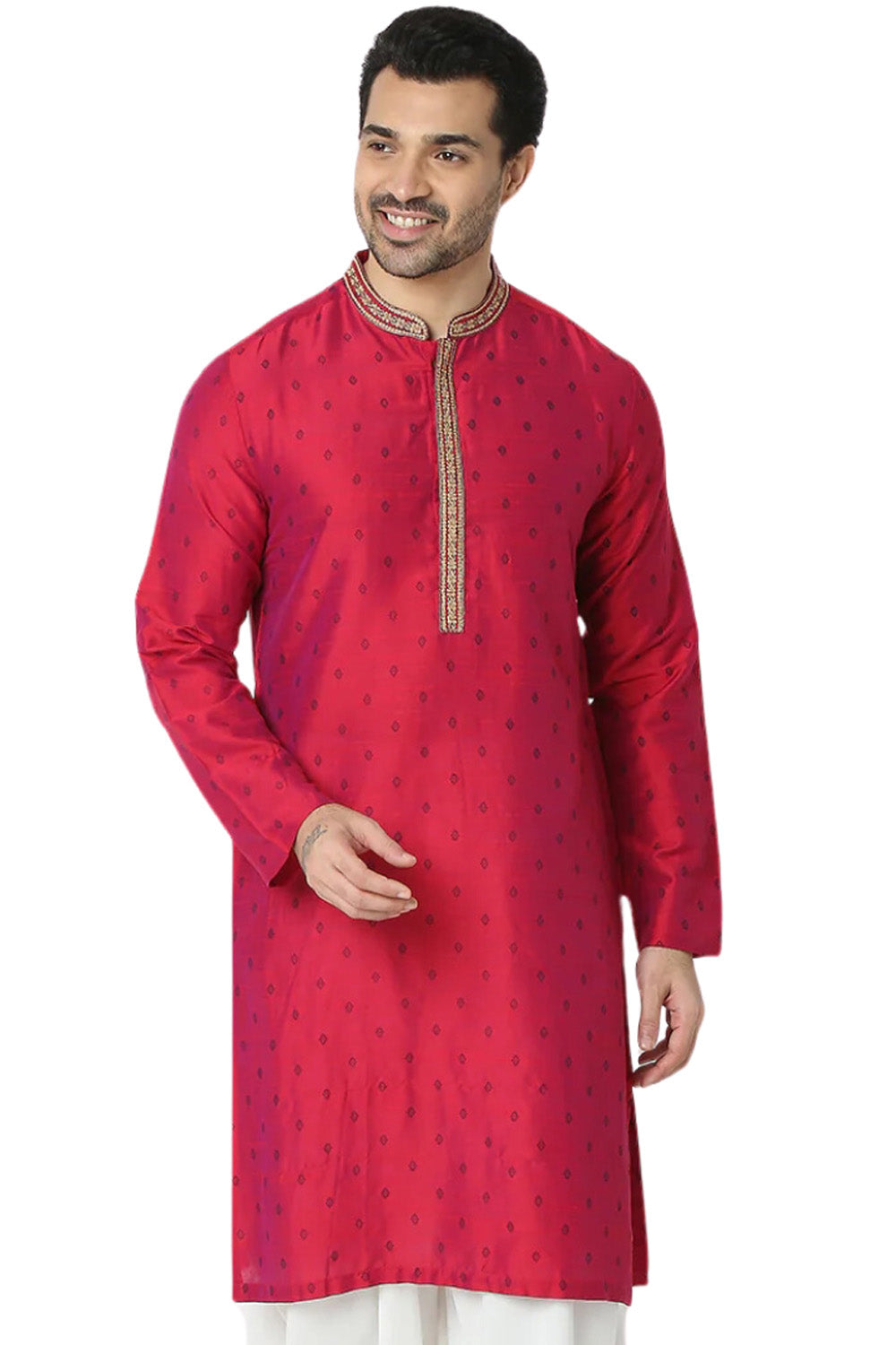 Men's magenta embroidered rayon knee-length kurta, front view.