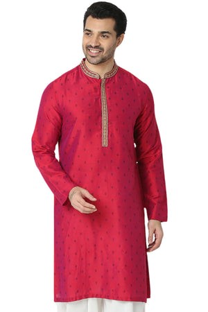 Men's magenta embroidered rayon knee-length kurta, front view.