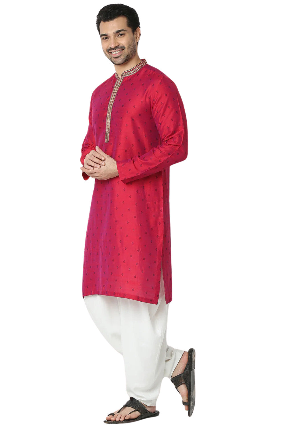 Men's magenta embroidered rayon knee-length kurta, side view.