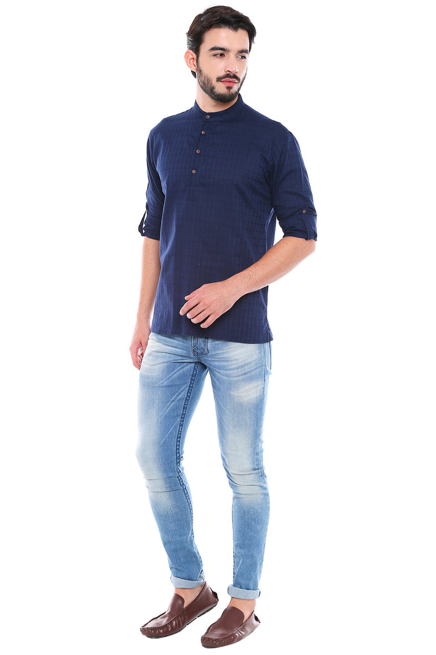 Image 5 of men's Mandarin Collar Henley Style Short Fitted Navy Kurta for festive style