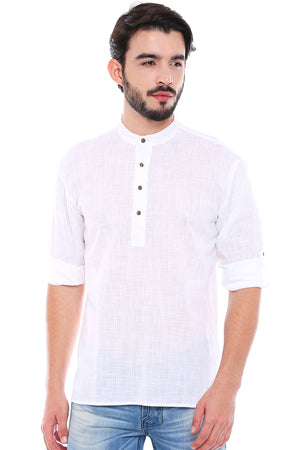 Front view of men's Mandarin Collar Henley Style Short Kurta – White for festive style