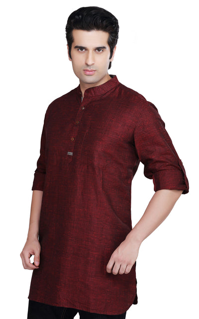 Men's maroon cotton blend band collar knee-length kurta, alternate front view.