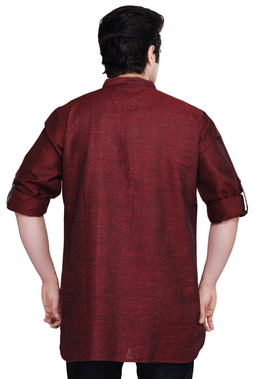 Men's maroon cotton blend band collar knee-length kurta, alternate side view.