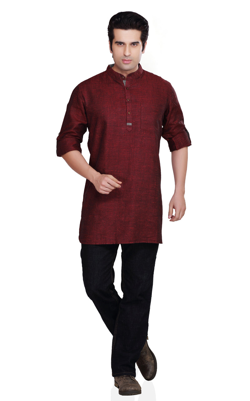Men's maroon cotton blend band collar knee-length kurta, back view.