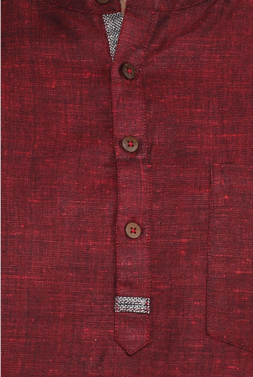 Men's maroon cotton blend band collar knee-length kurta, close-up detail.
