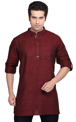 Men's maroon cotton blend band collar knee-length kurta, front view.