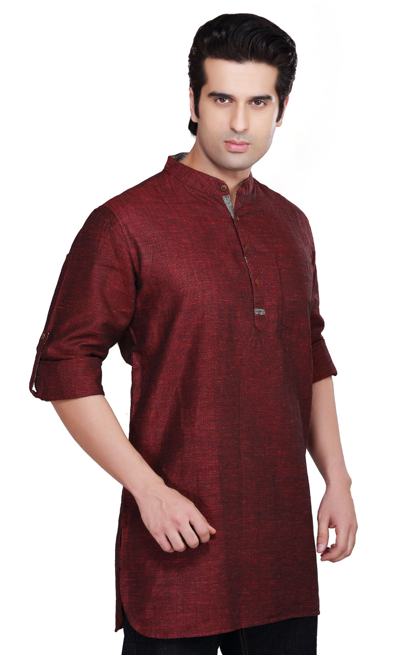 Men's maroon cotton blend band collar knee-length kurta, side view.