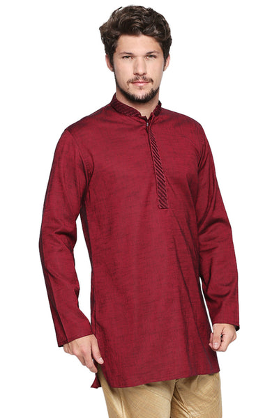 Men's maroon embroidered cotton blend knee-length kurta, alternate front view.
