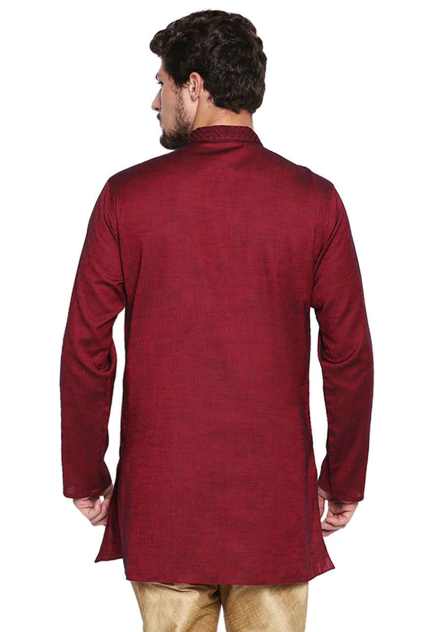Men's maroon embroidered cotton blend knee-length kurta, alternate side view.