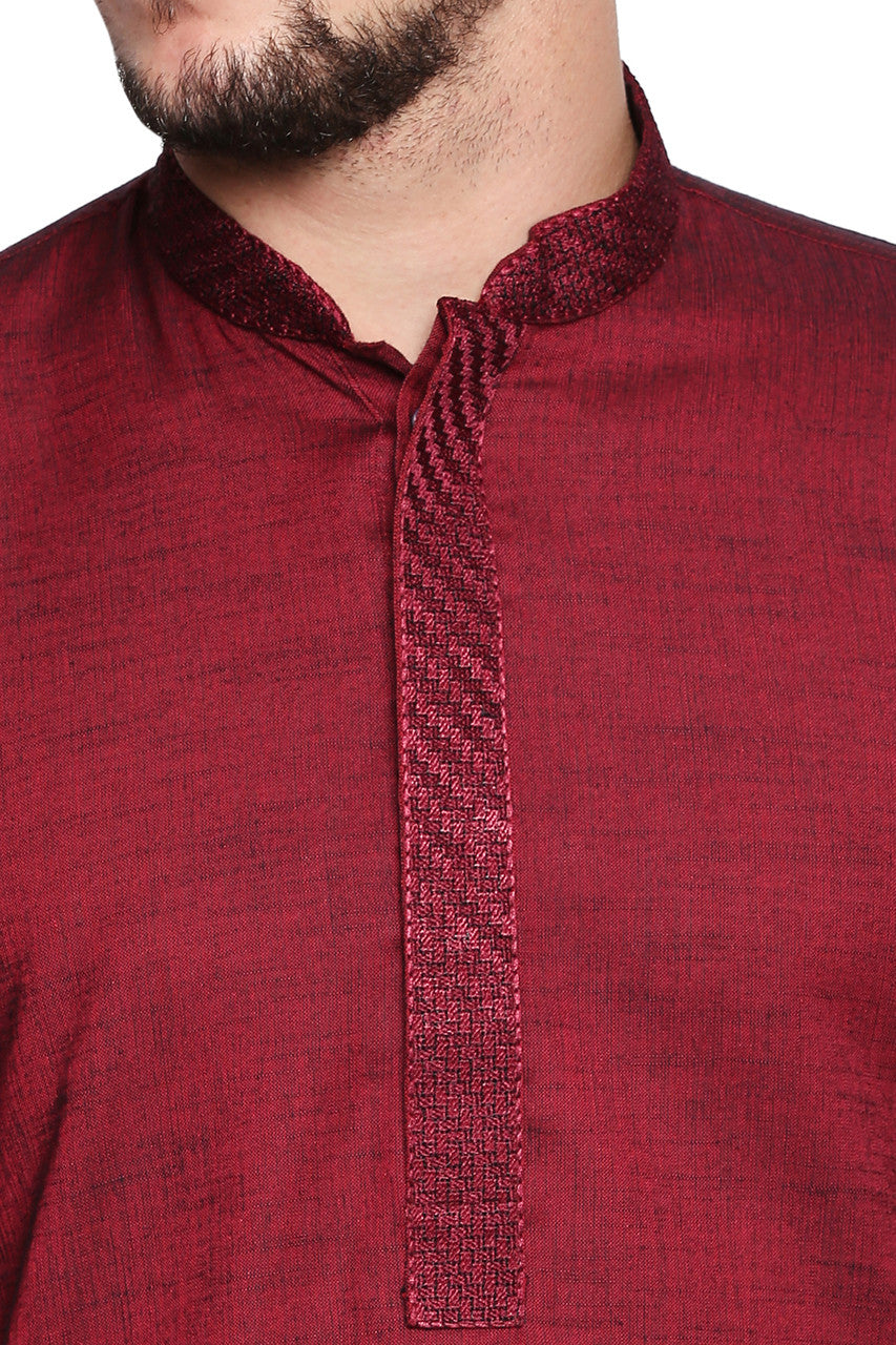Men's maroon embroidered cotton blend knee-length kurta, back view.