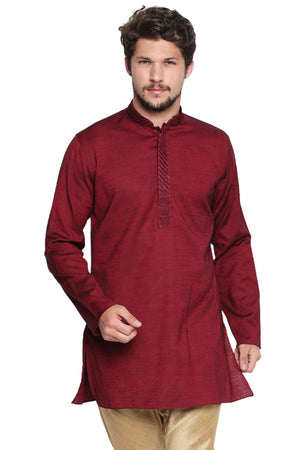Men's maroon embroidered cotton blend knee-length kurta, front view.