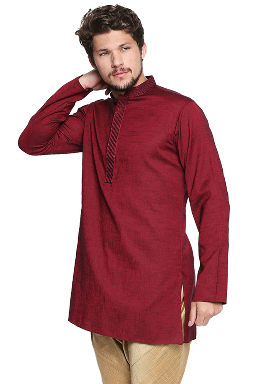 Men's maroon embroidered cotton blend knee-length kurta, side view.