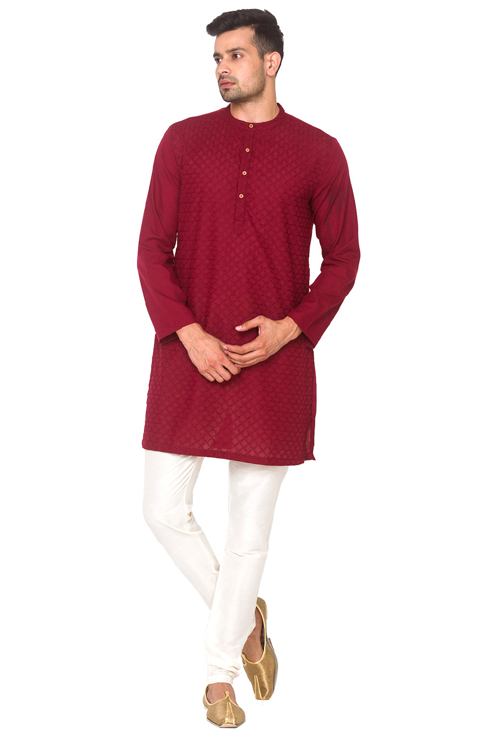 Men's maroon hand-embroidered cotton knee-length kurta, alternate side view.