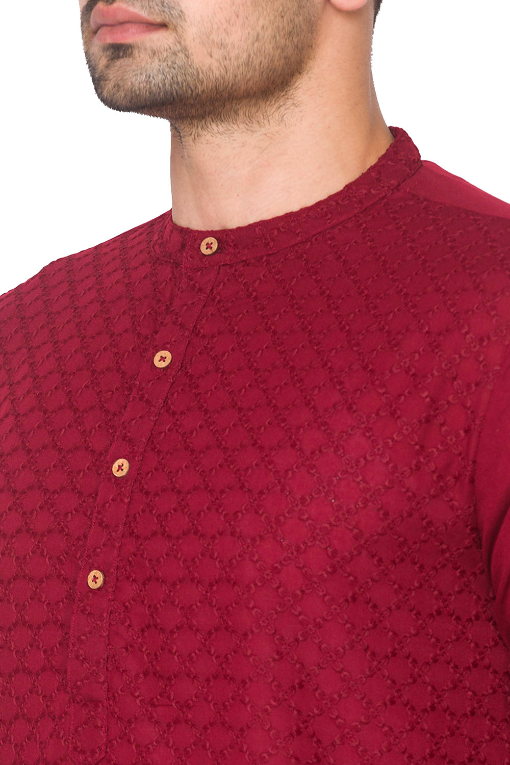 Men's maroon hand-embroidered cotton knee-length kurta, back view.