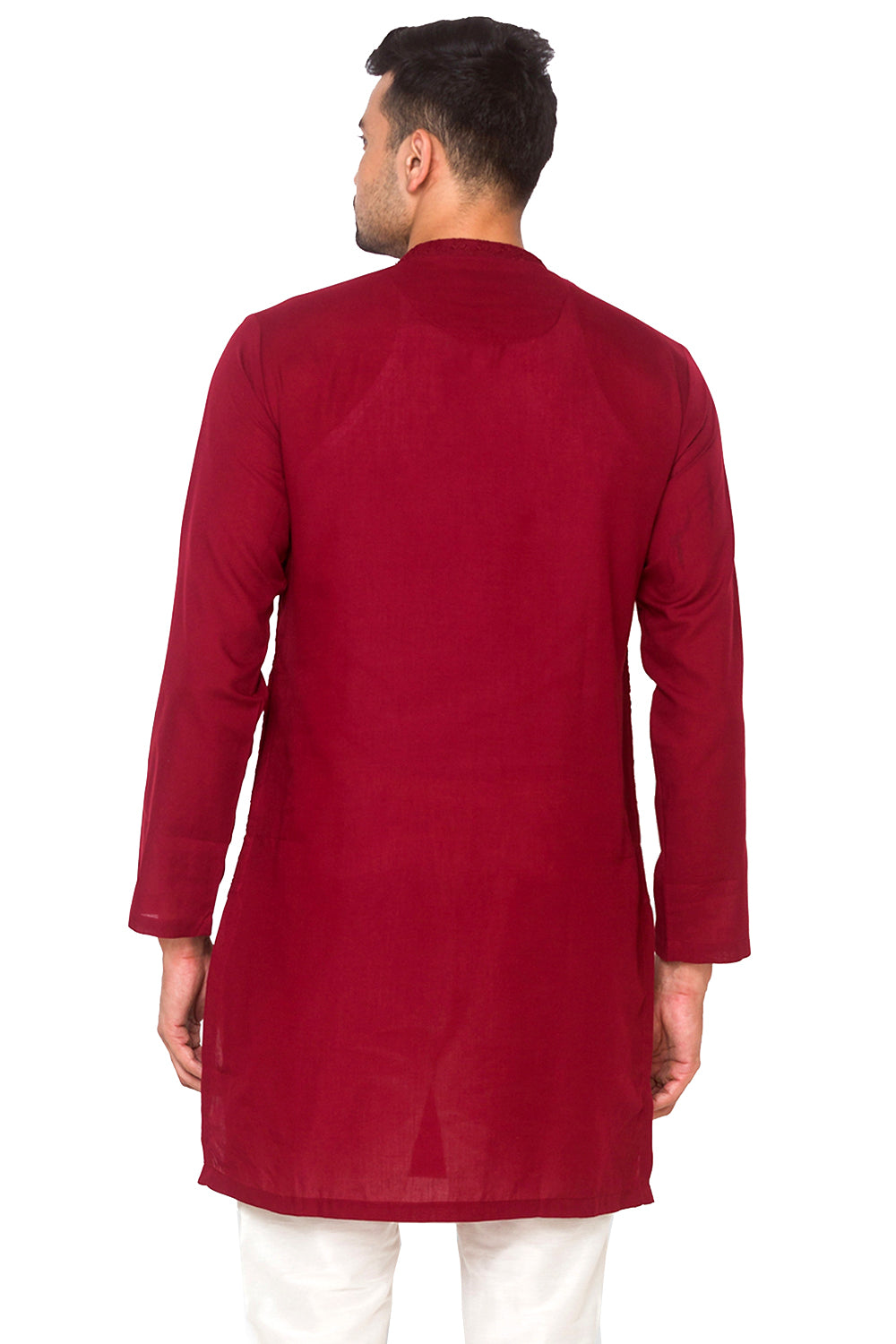 Men's maroon hand-embroidered cotton knee-length kurta, side view.