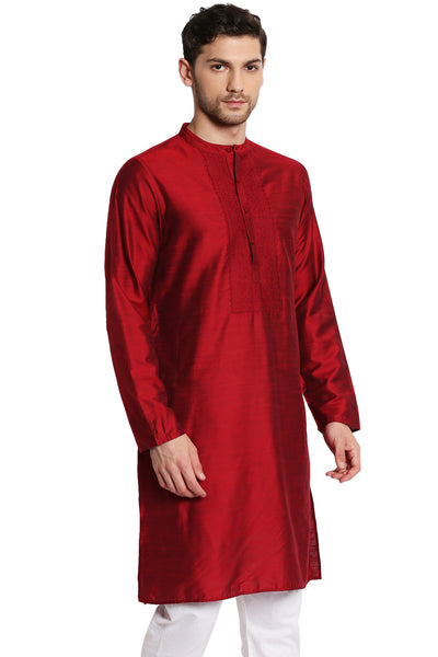 Men's maroon hand-embroidered knee-length kurta, alternate front view.