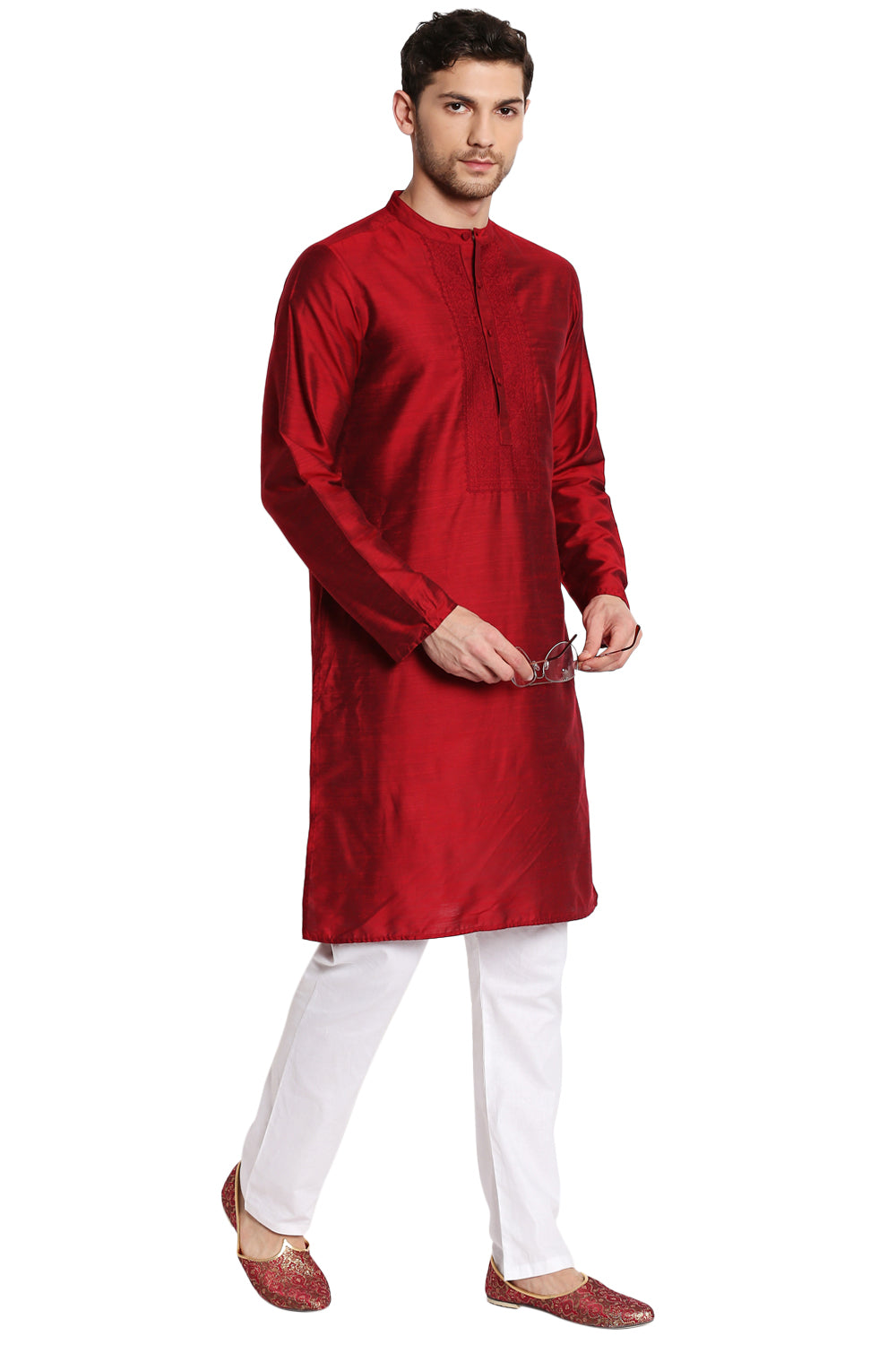 Men's maroon hand-embroidered knee-length kurta, alternate side view.