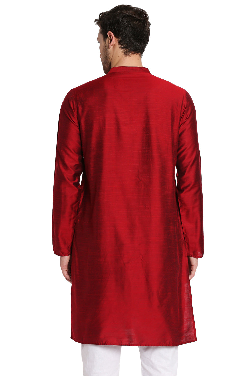 Men's maroon hand-embroidered knee-length kurta, back view.