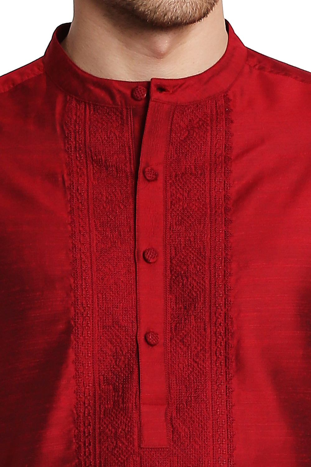 Men's maroon hand-embroidered knee-length kurta, close-up detail.