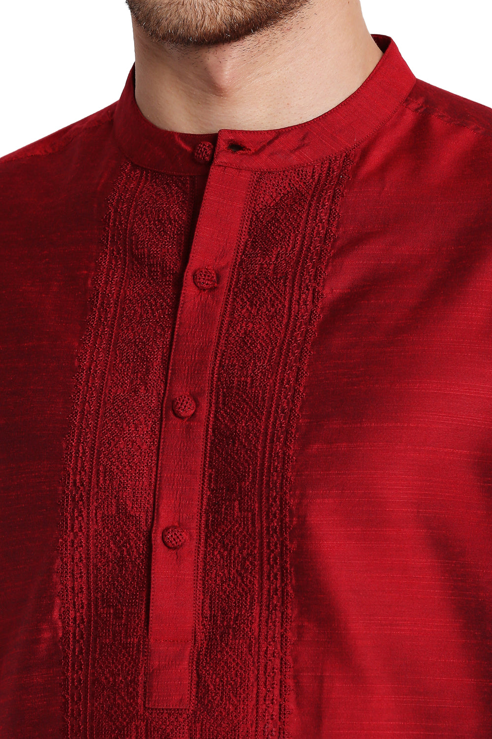 Men's maroon hand-embroidered knee-length kurta, collar and neckline detail.