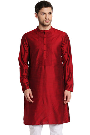 Men's maroon hand-embroidered knee-length kurta, front view.