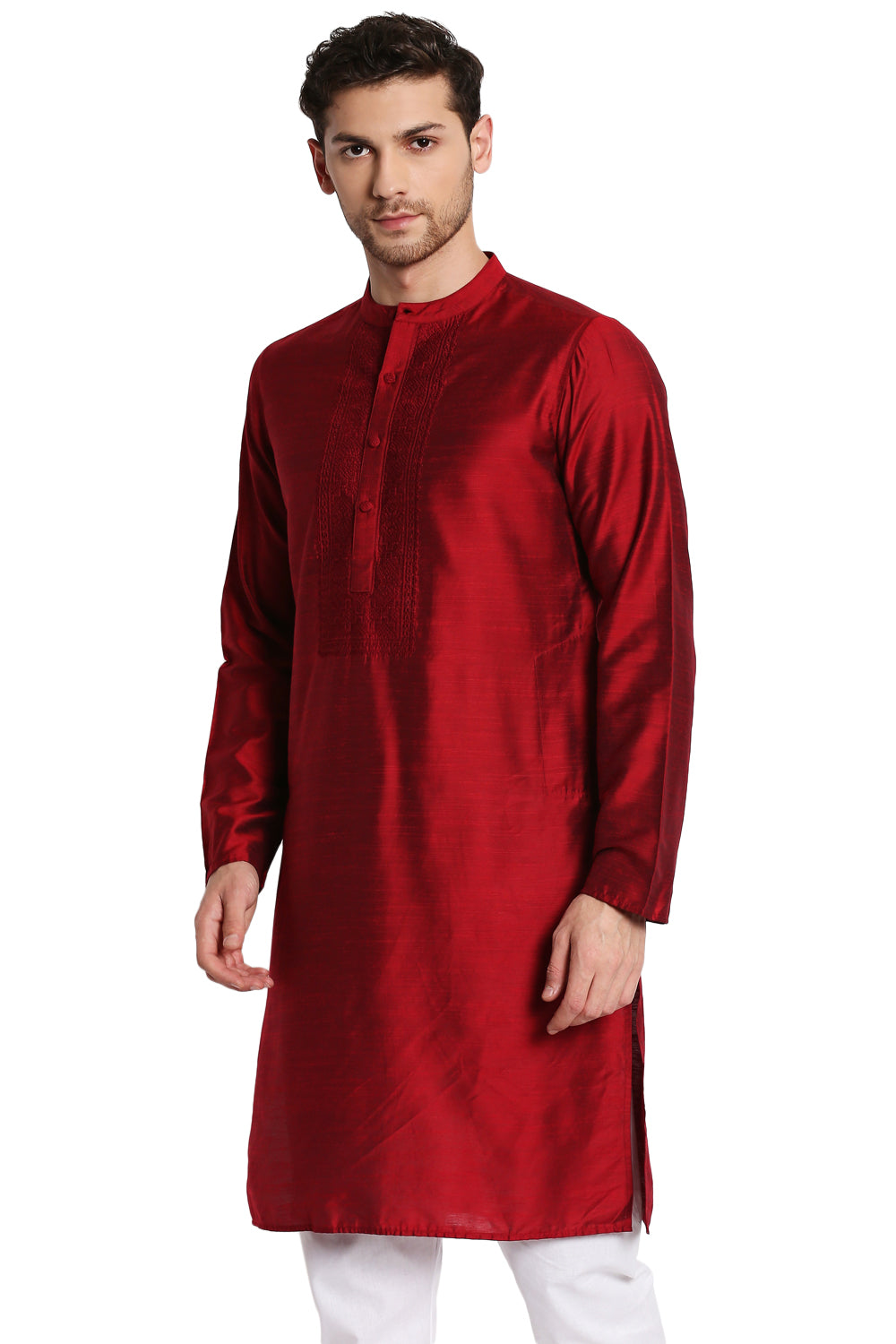 Men's maroon hand-embroidered knee-length kurta, side view.