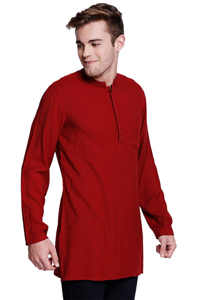 Men's maroon hand-embroidered knee-length kurta style 2, alternate front view.