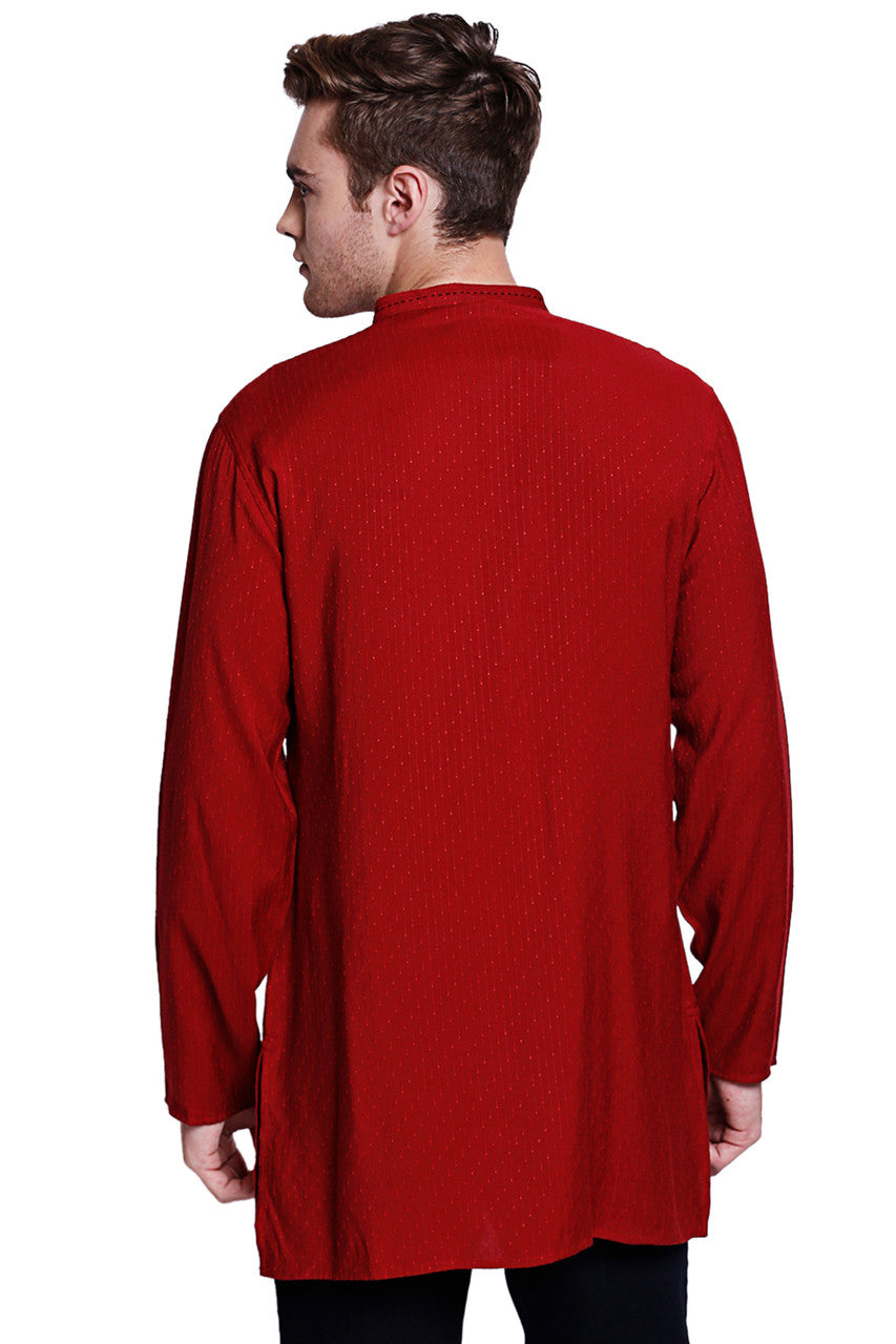 Men's maroon hand-embroidered knee-length kurta style 2, alternate side view.