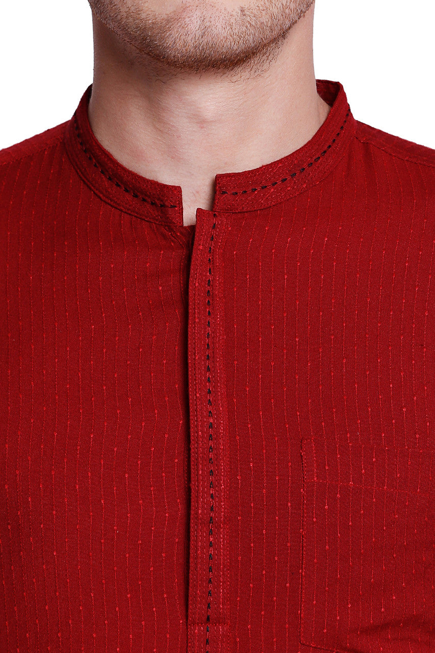 Men's maroon hand-embroidered knee-length kurta style 2, back view.
